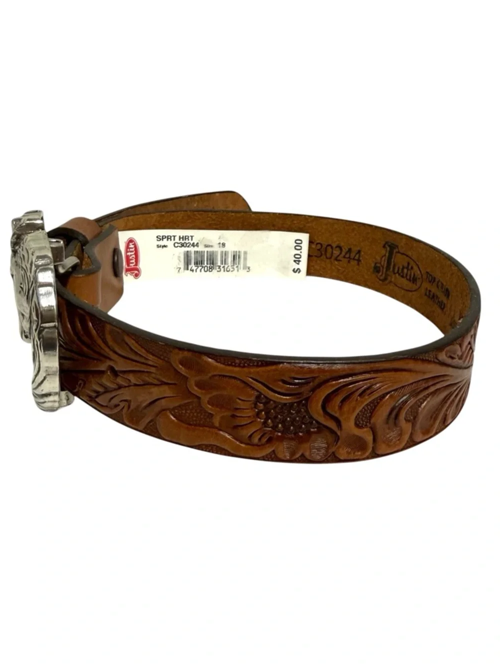 Justin Boots Toddler Brown Tooled Leather Belt with Silver Horse Heart Buckle